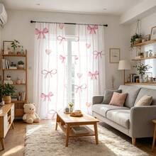 2pcs Sweet Style Transparent Curtains, Pink Bow Pattern, Soft Light, Privacy Protection, Rod Pocket Design Suitable For All Seasons, Multi-Functional Home Decor, Machine Washable, Polyester Material, Add Romantic Atmosphere To Bedroom, Living Room And Study, No Tiebacks - Multicolor - View 7