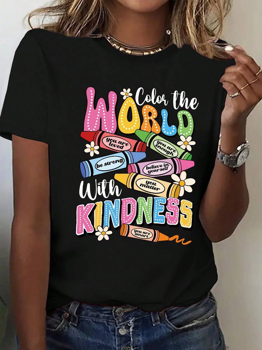 (001 # ) Fashionable Women's T-Shirt, Printed Design, Round Neck, Casual Short Sleeve T-Shirt For Women - 黑色 - 查看 1