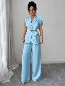 Elenzya Traje formal elegante de mujer color albaricoque, conjunto de blazer con cuello de volantes de organza con lentejuelas y cintura con lazo, que incluye chaqueta sin mangas y pantalones rectos, color burdeos, adecuado para Halloween, Navidad, Año Nuevo, ceremonia de graduación, boda y otras ocasiones. - Celeste - Ver 3