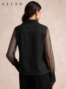 Camisa de mujer ALIAO moderna, elegante, sofisticada y versátil para el trabajo y el día a día. Textura de efecto de mezclilla con parches de malla de alta calidad, transpirable y de doble botonadura, adecuada para todas las estaciones. - azul real - Ver 10