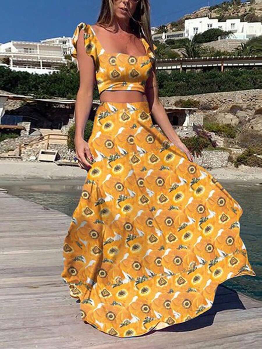 Women's Two-Piece Set With Floral Print Crop Top And Maxi Skirt, Halter Neckline, High Belt, Lightweight And Breathable Fabric Ideal For Beach, Vacation And Summer, Boho Chic Style Perfect For Beach Parties And Resorts - 黃色 - 查看 1