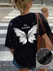 Camiseta de manga corta con cuello redondo, nueva y casual, con brillo y lentejuelas, una camiseta suelta y versátil de moda para mujeres - Negro 2 - Ver 2