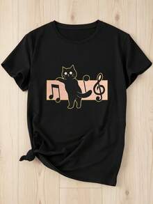 Lindo gato negro con gráfico de nota musical T1EE Camiseta divertida para amantes de los gatos y músicos Camiseta de gato tocando pentagrama Regalo para mamá de gatos Profesor de música. Camiseta unisex de algodón puro de 220 g Peso ideal para todas las estaciones, adecuada tanto para hombres como para mujeres. Tejido duradero de alta calidad, suave al tacto y de larga duración. Parte superior transpirable, adecuada para la ropa de otoño y de vacaciones de las mujeres. - Negro - Ver 1