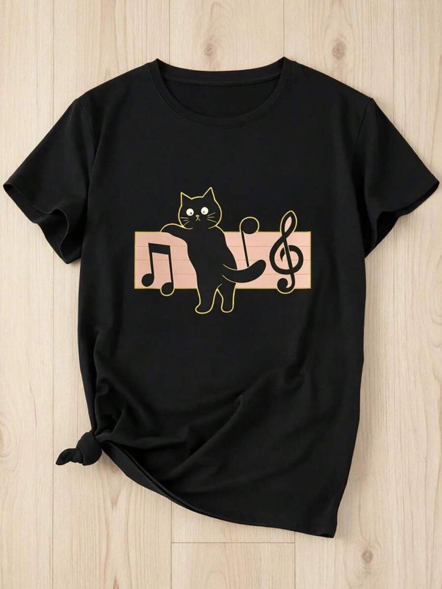 Lindo gato negro con gráfico de nota musical T1EE Camiseta divertida para amantes de los gatos y músicos Camiseta de gato tocando pentagrama Regalo para mamá de gatos Profesor de música. Camiseta unisex de algodón puro de 220 g Peso ideal para todas las estaciones, adecuada tanto para hombres como para mujeres. Tejido duradero de alta calidad, suave al tacto y de larga duración. Parte superior transpirable, adecuada para la ropa de otoño y de vacaciones de las mujeres. - Negro - Ver 1