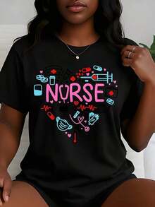 Camiseta de Mujer con Diseño Casual, Lindo y Colorido, con Gráficos de Corazones de Enfermera e Iconos Médicos, Ropa Casual de Verano para Enfermeras y Trabajadores de la Salud, Celebrando el Día Internacional de las Enfermeras en Mayo, Regalo Perfecto para Enfermeras, Ropa de Mujer para Rinde Homenaje a los Ángeles Más Hermosos en Blanco. Imprescindible - Negro - Ver 1