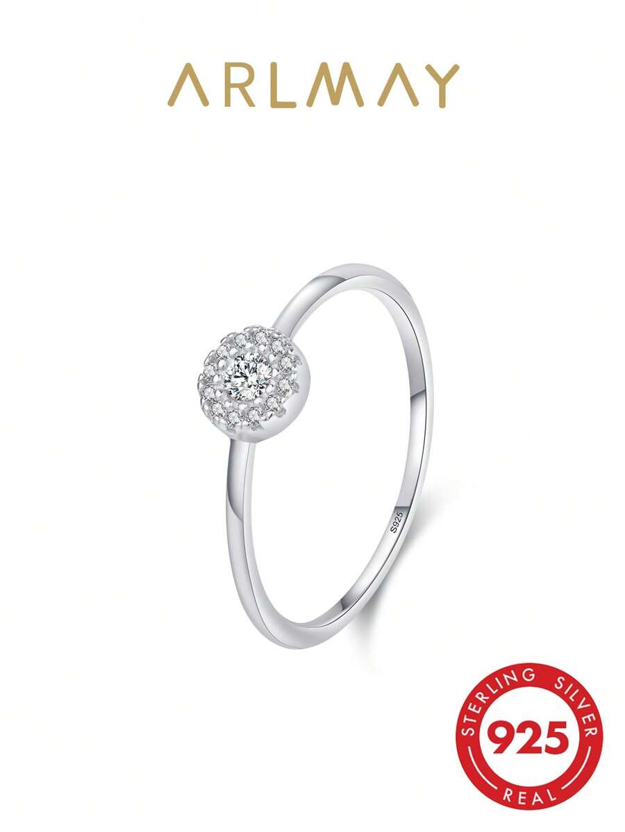 1pc 925 Sterling Silver Elegant Round Sparkling Clear Cubic Zirconia Women's Ring, Exquisite Jewelry Anniversary Gift - Silver - View 1