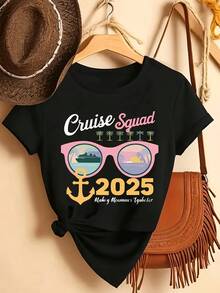 Camiseta de mujer, serie deportiva de moda para mujer, camiseta casual de manga corta con cuello redondo y estampado de letras con diseño de gafas de verano. - Negro - Ver 1