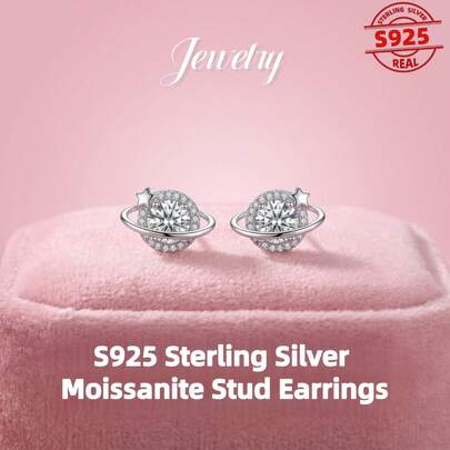 1 par de pendientes elegantemente diseñados con forma de planeta de moissanita de plata de ley 925, hipoalergénicos, adecuados para uso diario, vacaciones, fiestas, aniversarios, propuestas y como regalo