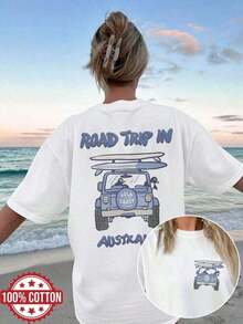 ropa de mujer Camiseta 100% Algodón con Estampado de Doble Cara - Camiseta Casual para Mujer |       Tabla de surf con pingüino de dibujos animados y estampado de coche, viaje por carretera en la  Dorada, Australia |       Cuello Redondo, Manga Corta, Corte Regular - Tops de Verano - Nuevos Conjuntos de Verano 2026 para Mujer - Conjuntos de Vacaciones para Mujer 2026 - Camiseta Casual - camisas de mujer - Blanco - Ver 1