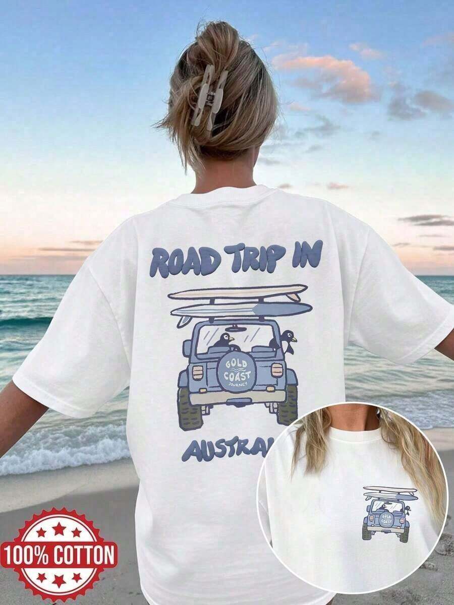 ropa de mujer Camiseta 100% Algodón con Estampado de Doble Cara - Camiseta Casual para Mujer | Tabla de surf con pingüino de dibujos animados y estampado de coche, viaje por carretera en la Dorada, Australia | Cuello Redondo, Manga Corta, Corte Regular - Tops de Verano - Nuevos Conjuntos de Verano 2026 para Mujer - Conjuntos de Vacaciones para Mujer 2026 - Camiseta Casual - camisas de mujer - Blanco - Ver 1