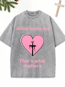 1 camiseta vintage con estampado de cruz de espinas en forma de corazón rosa, 100% algodón puro, lavada, estilo casual y urbano, adecuada para salir, usar en casa, en vacaciones de invierno, y el mejor regalo para familiares y amigos. 180g 100% Algodón - Gris - Ver 12