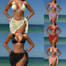 Nuevo traje de baño bikini de tres piezas con falda de malla y diseño de flor de rosa en color sólido y sexy. - durazno - Ver 2