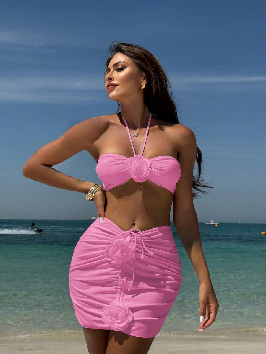 New And Sexy Three-Piece Swimsuit With Rose Print, Strapless And Solid Color. - Pink - View 1