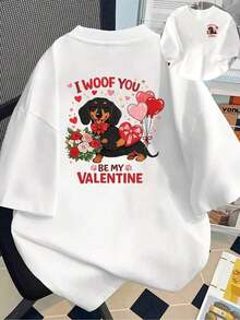 Camiseta de manga corta estampada con diseños frontales y traseros - "I WOOF YOU," Día de San Valentín - Camiseta estampada para mujer, primavera/verano, ¡tu mejor elección! Transpirable y cómoda. - Blanco - Ver 1