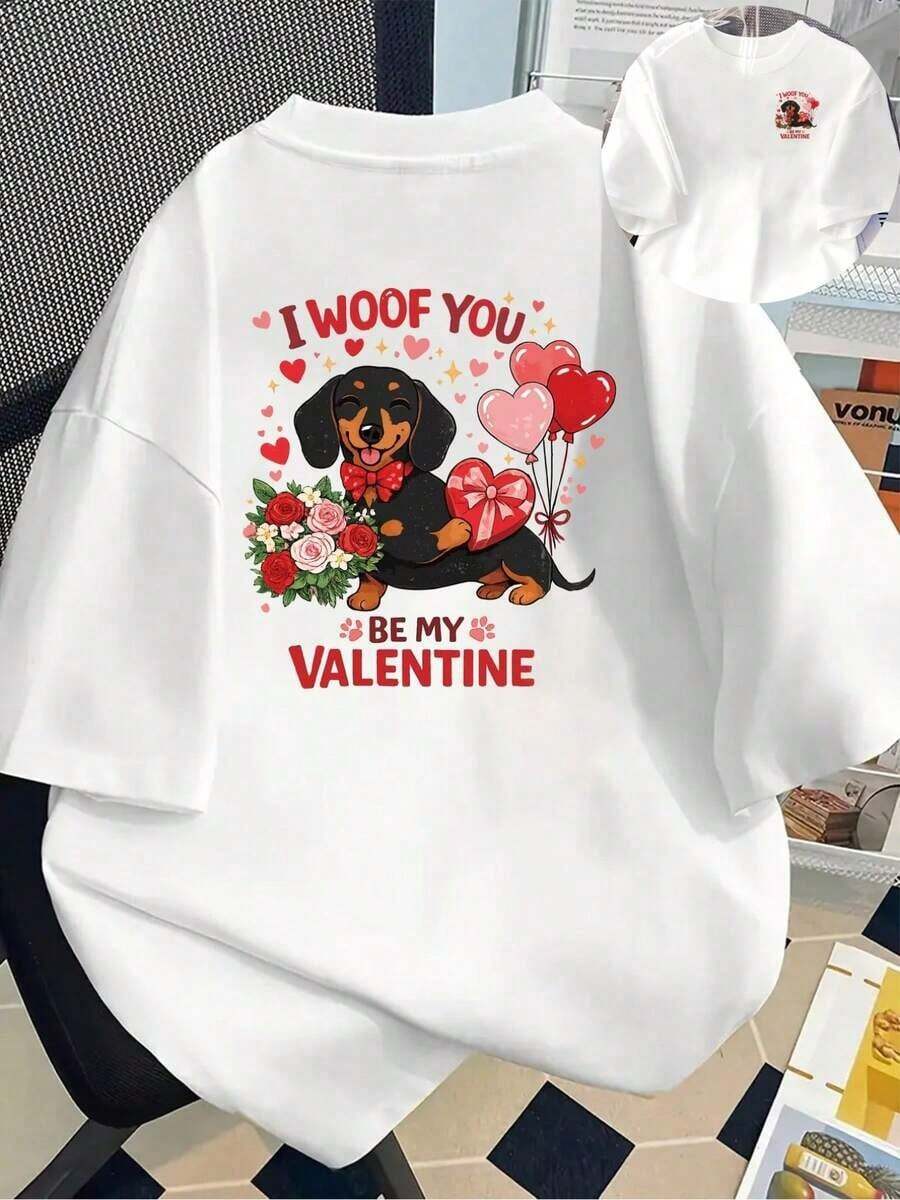 Camiseta de manga corta estampada con diseños frontales y traseros - "I WOOF YOU," Día de San Valentín - Camiseta estampada para mujer, primavera/verano, ¡tu mejor elección! Transpirable y cómoda. - Blanco - Ver 1