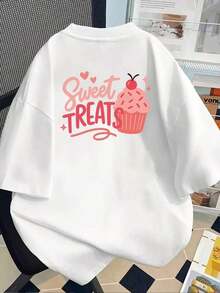 Camiseta de manga corta estampada con diseños frontales y traseros - Estilo dulce y lindo - Camiseta estampada para mujer de primavera/verano, ¡tu mejor elección! Transpirable y cómoda. - Blanco - Ver 2