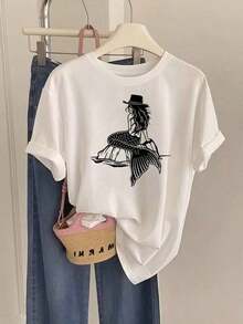 Camisetas de manga corta de talla grande para mujer, ideales para el verano y uso diario, camisetas básicas, nueva camiseta de mujer con estampado de sirena de fantasía 2026 - Regalo de moda para fiestas de verano y uso casual, transpirable y cómoda. - Blanco - Ver 11