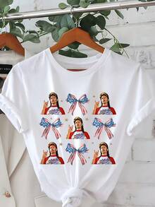 Camiseta estampada con temática del 4 de abril de Joe Diter, top casual de manga corta y cuello redondo, ropa de mujer para primavera/verano. - Blanco - Ver 8