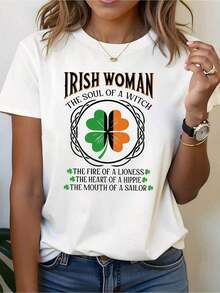 Camiseta de Mujer - Talla Grande - Camiseta con Estampado Gráfico de la Bandera de Irlanda - Wospring - Camiseta de Verano de Manga Corta y Cuello Redondo C_0282 - Cómoda y Vibrante, Diseño Retro, Adecuada para Mujeres - Camiseta Casual de Manga Corta para Mujer - Talla Estándar - Camiseta Básica - Blanco - Ver 7
