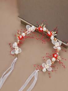 1 pieza Diadema de mujer con flores, decoración de perlas falsas y estrellas, banda de pelo de tela adecuada para bodas, verano, vacaciones, viajes, accesorios de novia, coronas, tiaras, tocados - Blanco - Ver 14