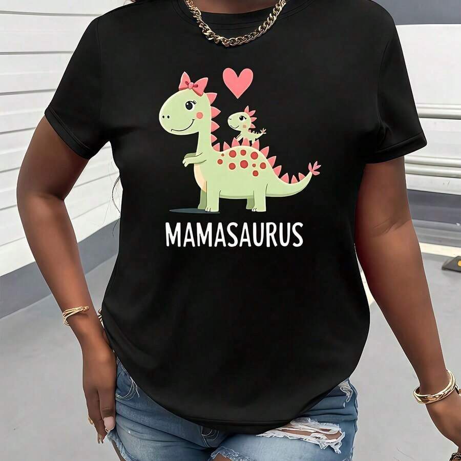 Camiseta para Mujer con Dinosaurio Mamá y Bebé Diseño Divertido Mamasaurus Estilo Casual para Madres Amantes de los Dinosaurios Camiseta Negra con Impresión Colorida para Verano - Negro - Ver 1