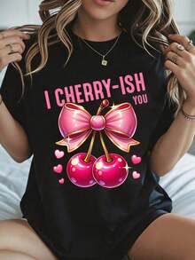 Elegant And Casual Women's Short Sleeve Cute Cherry Print T-Shirt For Valentine's Day, "I Cherry Ish You", Pink Bow And Cherries, White Casual Wear For Women, Spring Summer. - 黑色 - 查看 8