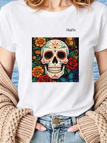 Oferta por tiempo limitado, cantidad limitada disponible,  relámpago, camisas de mujer, camisetas de mujerPlayera Blanca de Mujer con Estampado de Calavera Mexicana Floral y Mariposas, Camiseta Manga Corta Casual, Moda  Día de Muertos 2026, Ropa Ligera y Comoda para Dama, Ideal para Fiestas y Uso Diario - Blanco - Ver 11