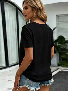 Camiseta de algodón casual para mujer, corte holgado, con estampado de caballos coloridos, top casual de manga corta de gran tamaño, camiseta básica suave y cómoda, camiseta con estampado de animales para uso diario. - Negro - Ver 2