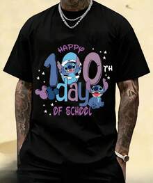 Lilo & Stitch Stitch Print Celebrating 100th Day Of School Unisex Cotton Crew Neck T-Shirt - Vintage Urban Style Unisex Short Sleeve Crew Neck Cotton T-Shirt For Women. Blouses. Casual Blouses For Ladies. - 黑色 - 查看 7