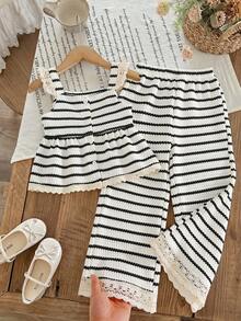 Girls' Casual Striped Black & White Camisole With Ruffle Trim And Matching Elastic Waist Ruffle Trim Pants Set - Black and White - View 8