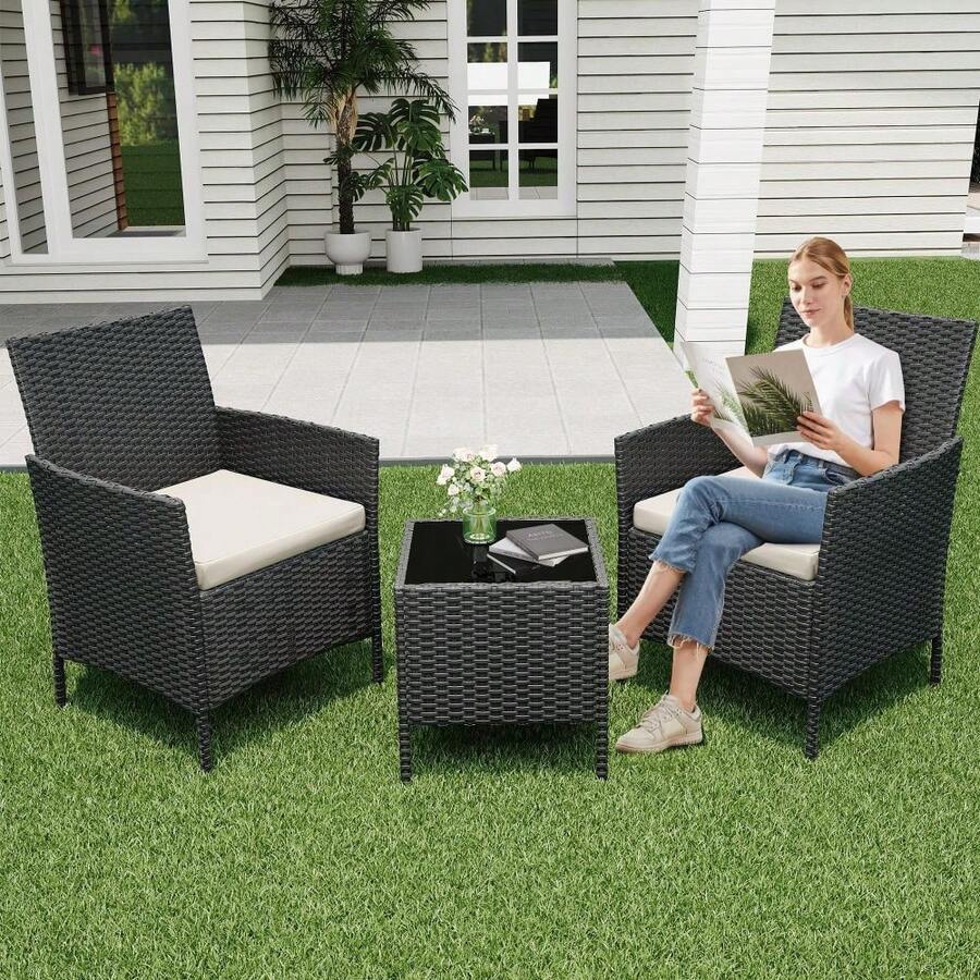 3 Pieces Patio Furniture Set, PE Rattan Wicker Outdoor Furniture with Steel Frame, Cushioned Chairs & Glass Coffee Table for Garden, Deck, Porch, or Poolside - Schwarz - Übersicht 1