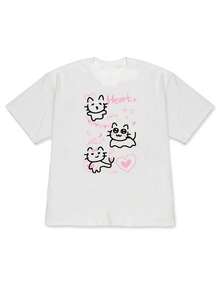 [High Quality] Women's Loose-Fitting Short-Sleeve T-Shirt With A Hand-Drawn Heart And Cute Cat Along With An English Phrase. This Comfortable And Soft T-Shirt Is Perfect For Those Who Love A Sweet And Adorable Style, Ideal For Everyday Outings In Summer. - 白色 - 查看 7