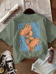 Camiseta de edición limitada con estampado gráfico, manga corta, cuello redondo, top casual para verano y primavera, ropa de mujer, algodón ligero. - Verde - Ver 2