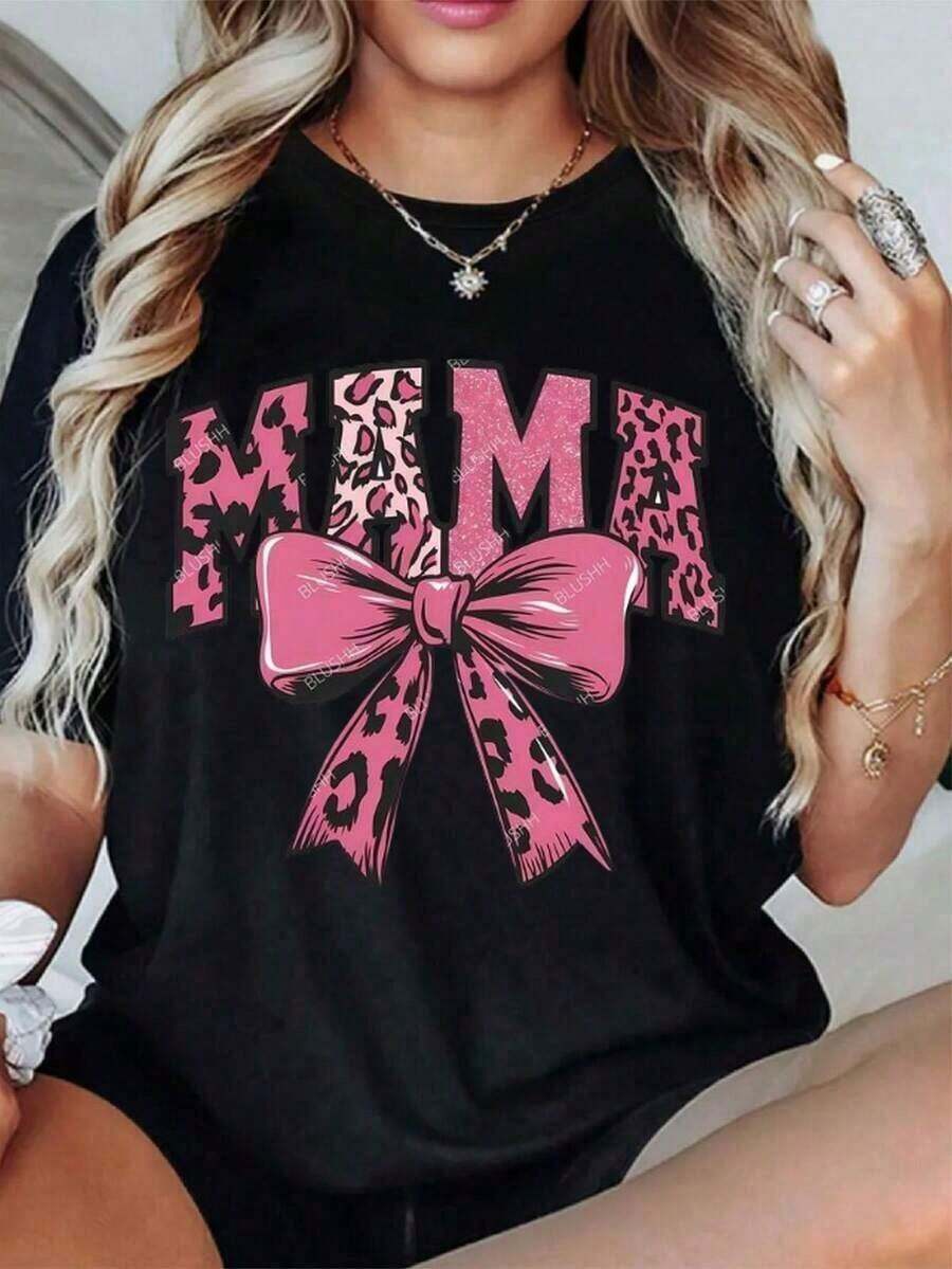 [S-7XL] New Plus Size Women's Loose Fit Cotton T-Shirt With Print - MAMA Bow Design With Black And Pink Leopard Print, Soft And Stretchy Crew Neck - Everyday Casual Wear And Mother's Day Outfit - Machine Washable Short Sleeve T-Shirt For All Seasons, Comfortable And Slim Fit, Fashionable Winter Clothes For Moms, Best Gift For Mom On Mother's Day - Women's T-Shirt - 黑色 - 查看 1