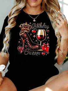 Camiseta de Mujer con Estampado de Tacón Rojo y Copa de Vino "Birthday Queen", 180g, para Ocio, Hogar, Aire Libre, Regalo para Fiesta de San Valentín - Negro - Ver 1