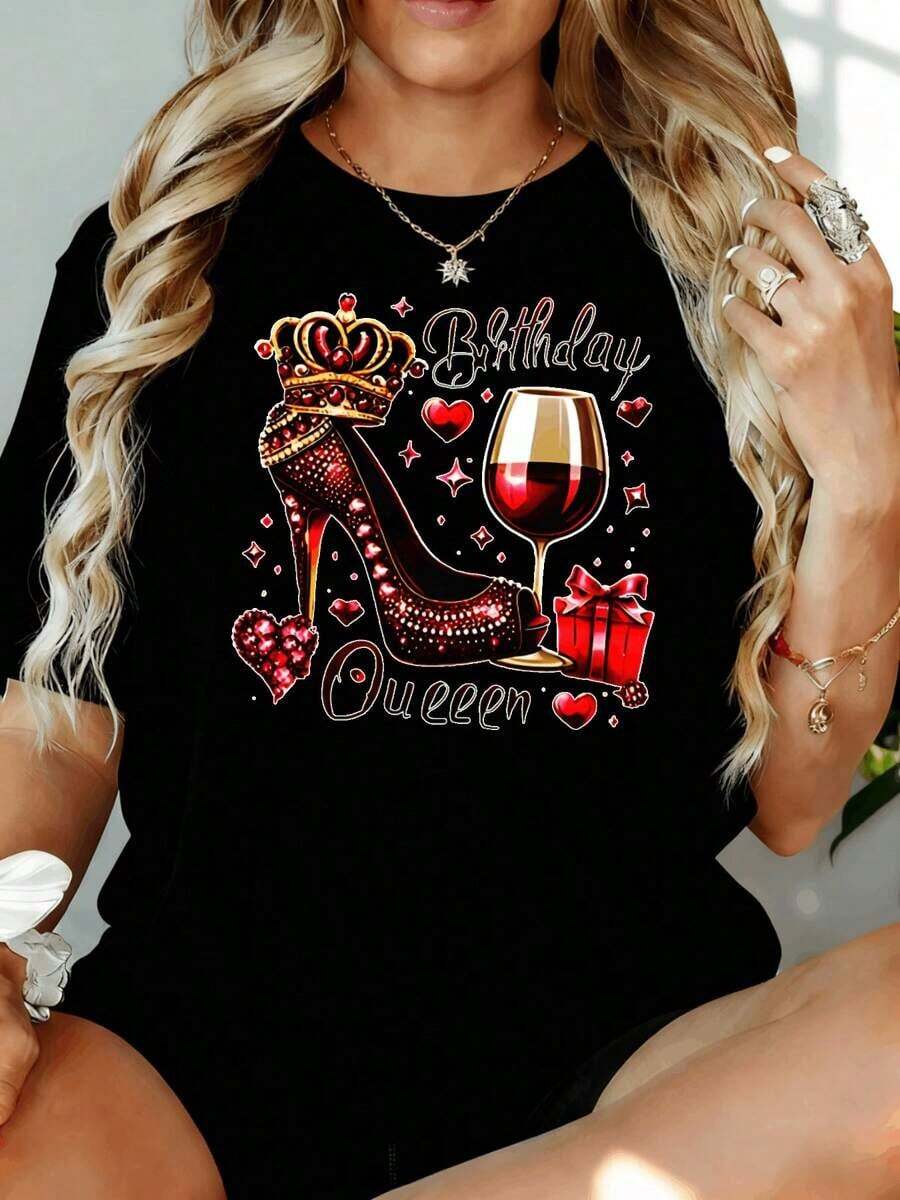 Camiseta de Mujer con Estampado de Tacón Rojo y Copa de Vino "Birthday Queen", 180g, para Ocio, Hogar, Aire Libre, Regalo para Fiesta de San Valentín - Negro - Ver 1