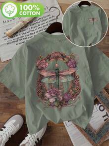 Edición Limitada: Camiseta Casual de Verano para Mujer con Estampado de Doble Cara de Libélulas y Diseños Florales, Cuello Redondo, Manga Corta, Algodón Ligero - Verde - Ver 12