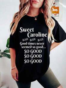 Camiseta de algodón de gran tamaño para mujer, estilo vintage, con estampado gráfico de Sweet Caroline, manga corta, informal, de verano. - Negro - Ver 7