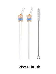 1/2/4Pcs Reusable Cartoon Glass Straws With Bears Stuff, Clear And Glass Bent Glass Drinking Straw Cutlery Set,For Kitchen Accessories,Straw Topper,Cold Drinks,Milk Tea,Coffee,Juice,Home,Restaurants,Holiday Supplies,Summer,Graduation Season,. - Style 4 - View 9