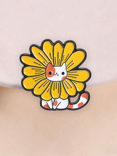 Kawaii Cat Sunflower Enamel Pin, Cute Flower Cat Brooch, Adorable Accessory For Clothing & Bags, Perfect Gift Idea