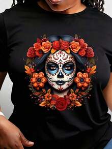 Camiseta de Mujer con Diseño de Calavera de Azúcar del Día de Muertos y Corona Floral, Camiseta Casual de Manga Corta con Cuello Redondo, con Vibrantes Flores Naranjas y Rojas, Diseño Gráfico Divertido Inspirado en la Tradición Mexicana del Día de Muertos, Adecuada para el Verano, Ropa de Fiesta, Perfecta como Regalo de Cumpleaños, para Uso en Todas las Temporadas. - Negro - Ver 6