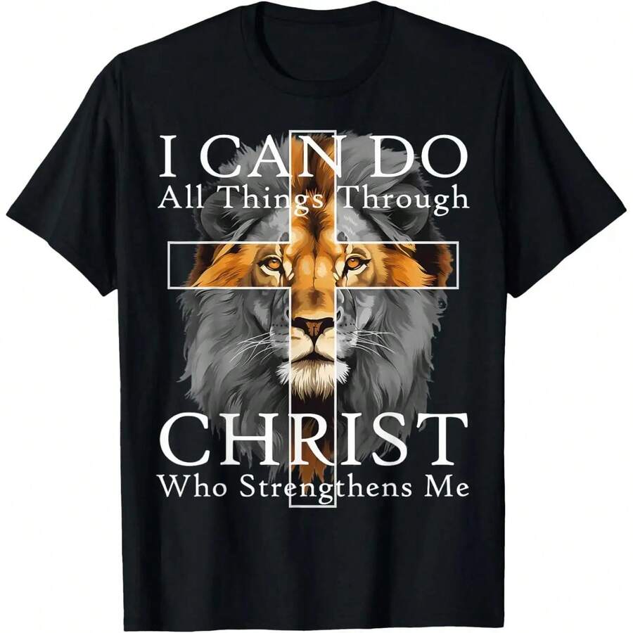 [100% Algodón] Camiseta con diseño de León Poderoso y Cruz, con Versículo Bíblico Inspirador. - Negro - Ver 1