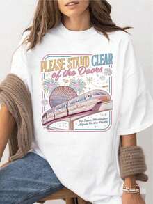 Ropa Curvy En Oferta Y  Una Camiseta De Manga Corta Para Mujer, Elegante, Fresca, Suave Y EláStica, Adecuada Para Actividades Al Aire Libre En Verano, Con Un DiseñO GráFico De "Por Favor, Mantenga La Puerta Segura", DiseñO CláSico Con Cita Sobre Transporte En TranvíA, Camiseta Familiar Para Viajes A Parques TemáTicos, Conjuntos A Juego Para Vacaciones, Camiseta De InspiracióN Vintage Sobre El Transporte, Camiseta De Una Sola Pieza.Blusas Para Mujer,Blusas Casuales Para Dama,Tops,, Mujer Premium,Y2K,Playeras De Mujer Curvy,Ofertas Y Liquidaciones Ropa Mujer,Playeras Deportivas Para Mujer,,Playeras De Hombre, Mujer,Blusas>Elegante NGO9Camisetas Para Mujer Y2K - Blanco - Ver 8