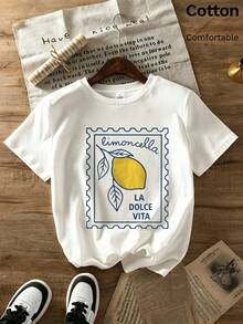 Women's Short-Sleeved T-Shirt With Retro Lemon Print - Soft, Breathable, High-Elasticity, Round Neck - Compatible Top | Loose-Fitting Shirt Suitable For Casual Vacations, College Style, And Spring And Summer Wear. | Machine-Washable Retro Tee, Loose And Comfortable - White - View 4