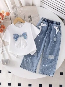 2pcs/Set Young Girl' Casual Rhinestone Bow T-Shirt And Denim Long Pants Set, Summer - White - View 1
