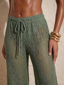 Pantalones anchos de verano para mujer con cintura anudada y unicolor - Verde - Ver 3
