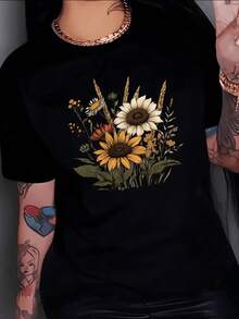 Ramo de girasoles y flores silvestres que simbolizan alegría libertad y energía positiva bajo el sol transmitiendo luz natural y espíritu optimista camiseta de mujer casual moderna cómoda - Negro - Ver 8