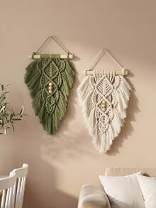 1pc Macrame Wall Hanging, Handwoven Boho Style Wall Decor Tapestry, Green & Ivory Leaf & Feather Background - Multicolor - View 2