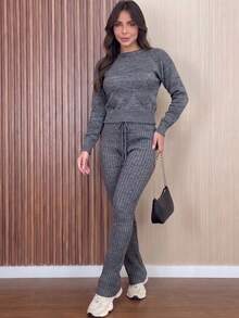 Women's Ribbed Knit Set: Long-Sleeved Blouse With Heart Details, High-Waisted Pants With Adjustable Drawstring, Casual Autumn/Winter Knitwear - Rỉ Nâu - Xem 8