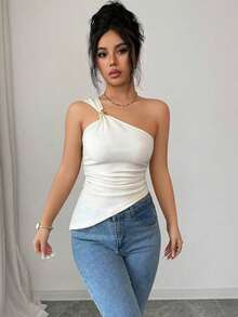 Blusa elegante y sexy de mujer con cuello halter sin mangas, con decoración metálica, tela texturizada, recogido en la cintura, adecuada para salir, citas, vacaciones - Albaricoque - Ver 6